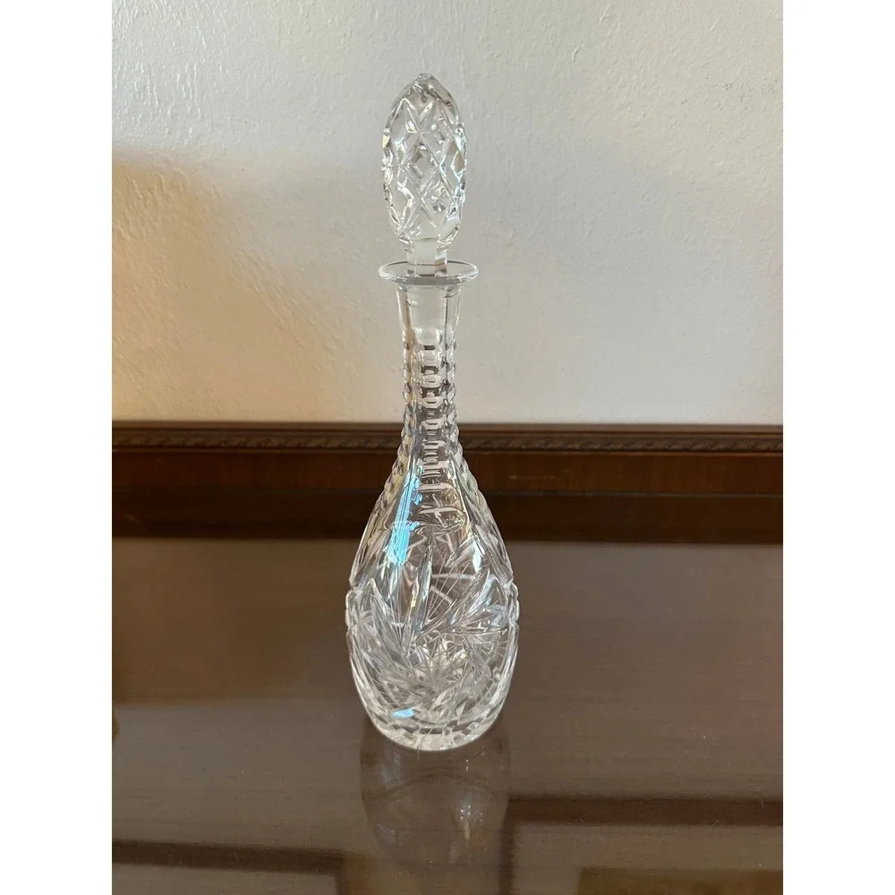 Vtg Pinwheel Cut Crystal Decanter with Stopper 13'' Germany Barware Clear Glass